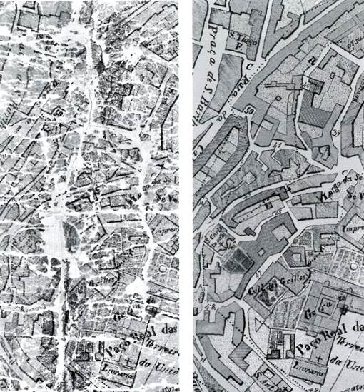 Figura 3. Extrato da Planta Topográfica de 1845 - Antes e após reconstituição digital. Fonte: (Patrício, 2004) Figura 3. Extrato da Planta Topográfica de 1845 - Antes e após reconstituição digital. Fonte: (Patrício, 2004)