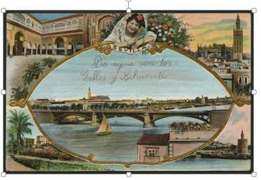 Postal amb quatre paisatges a l'orla i una imatge central que és un pont