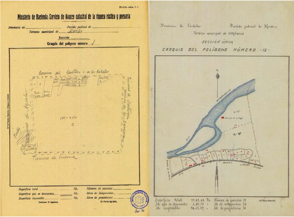 Ilustración 2. Izquierda, Croquis de Avance Catastral del término de Moriles, pol. 1, AHPCO CAR87/045. Derecha, Croquis de Avance Catastral del término de Villafranca de Córdoba, pol. 12, AHPCO CAR97/066. Ilustración 2. Izquierda, Croquis de Avance Catastral del término de Moriles, pol. 1, AHPCO CAR87/045. Derecha, Croquis de Avance Catastral del término de Villafranca de Córdoba, pol. 12, AHPCO CAR97/066.