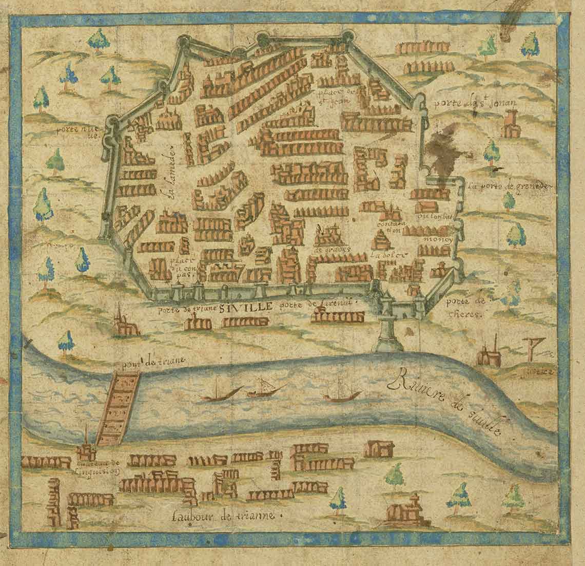Figura 2. Siville, [Samuel de Champlain], hacia 1602. Fuente: Brief discours des choses plus remarquables que Samuel Champlain de Brouage á reconneues aux Indes occidentales, Codex Fr 1, 04684-5, f. 4. © John Carter Brown Library, Brown University, Providence, Rhode Island (USA).