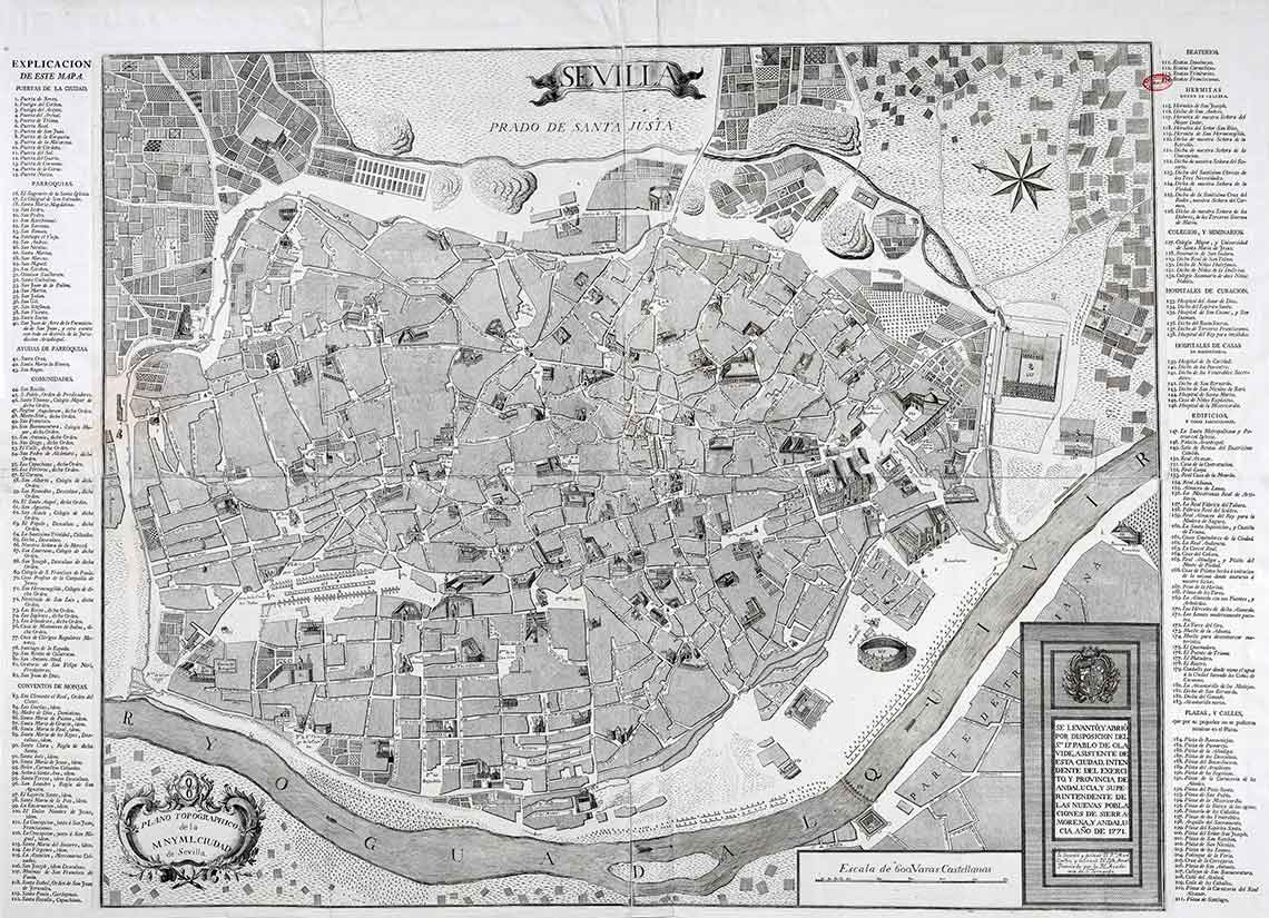 Figura 3. Plano topographico de la M.N. Y M.L. ciudad de Sevilla, Francisco Manuel Coelho, grabado por José Braulio Amat, 1771. Fuente: Real Academia de la Historia (Madrid), C-011-002-17. Figura 3. Plano topographico de la M.N. Y M.L. ciudad de Sevilla, Francisco Manuel Coelho, grabado por José Braulio Amat, 1771. Fuente: Real Academia de la Historia (Madrid), C-011-002-17.