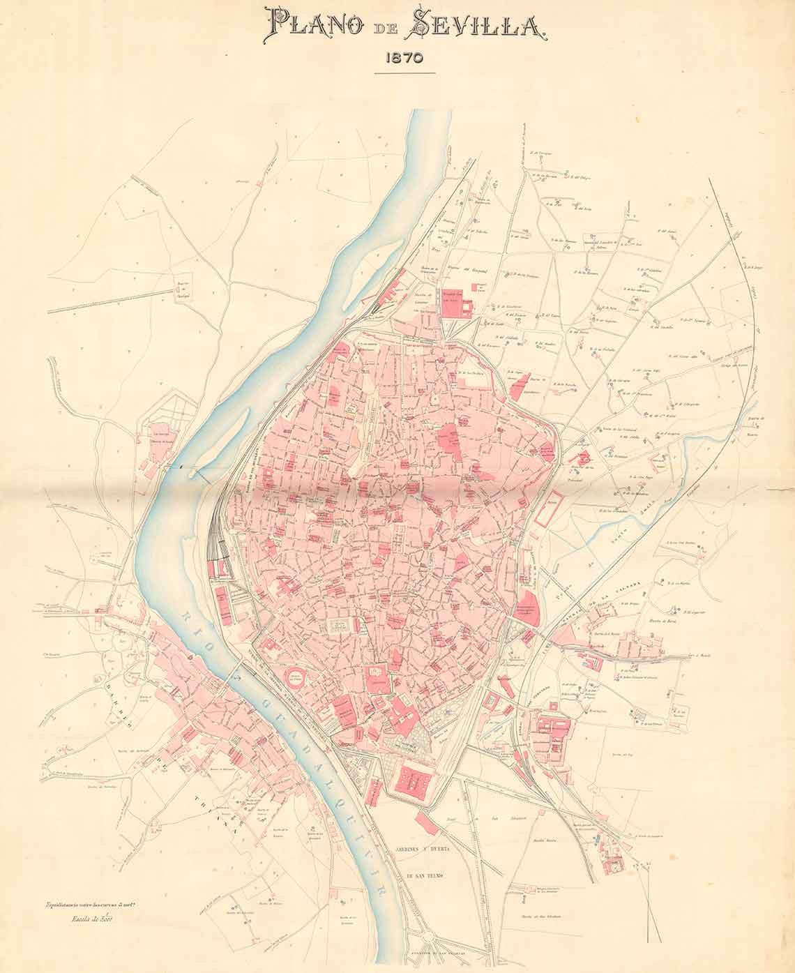 Figura 4. Plano de Sevilla, [Cuerpo de Estado Mayor, comandante Pedro García Falces, teniente Luis Moncada], 1870. Fuente: Cartoteca del Centro Geográfico del Ejército (Madrid), Ar. G-T.7-C.2-430.