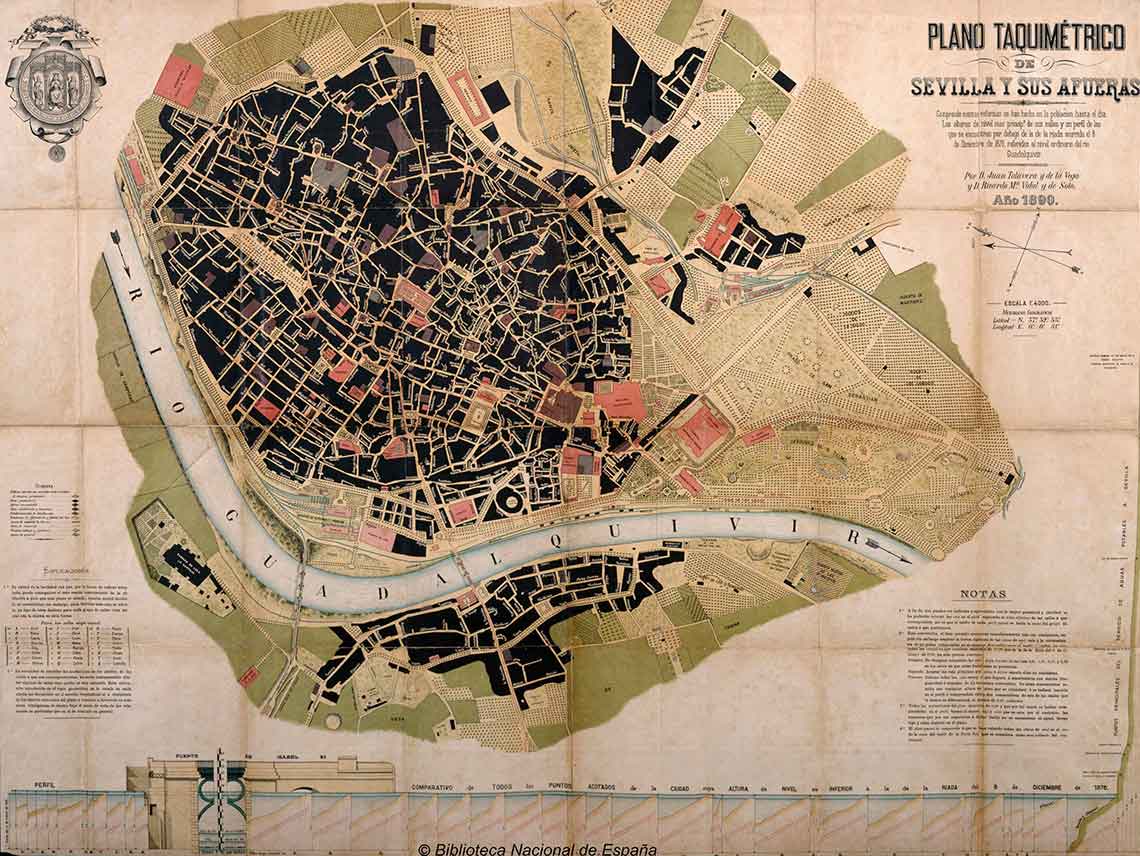 Figura 5. Plano taquimétrico de Sevilla y sus afueras, Juan Talavera de la Vega, Ricardo M.ª Vidal y de Soto, M. Grima, 1890. Fuente: Biblioteca Nacional de España (Madrid), Mv/14. Figura 5. Plano taquimétrico de Sevilla y sus afueras, Juan Talavera de la Vega, Ricardo M.ª Vidal y de Soto, M. Grima, 1890. Fuente: Biblioteca Nacional de España (Madrid), Mv/14.