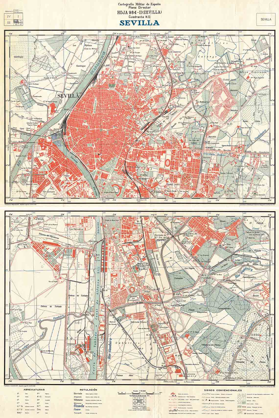 Figura 7. Plano director, Sevilla, Hoja 984-II (Sevilla), cuadrante NO. Cerro de las Águilas, Hoja 984-II (Sevilla), cuadrante SO. Servicio Geográfico del Ejército, 1961. Fuente: Cartoteca del Archivo General Militar de Madrid, 17140-SE-G-3/6 y 17141-SE-G-3/8. Figura 7. Plano director, Sevilla, Hoja 984-II (Sevilla), cuadrante NO. Cerro de las Águilas, Hoja 984-II (Sevilla), cuadrante SO. Servicio Geográfico del Ejército, 1961. Fuente: Cartoteca del Archivo General Militar de Madrid, 17140-SE-G-3/6 y 17141-SE-G-3/8.