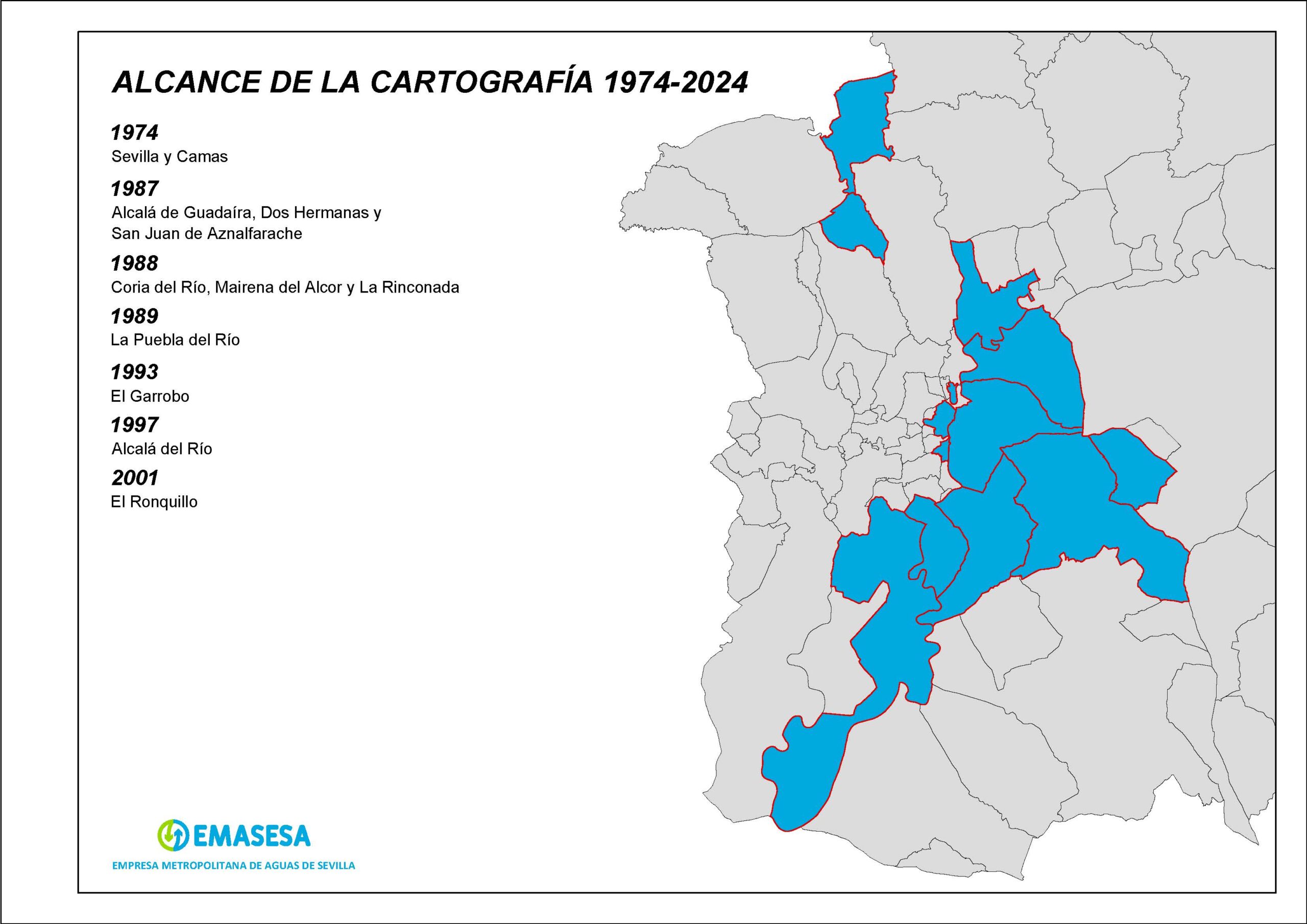 Figura 1. Alcance de la cartografía 1794-2024. Poblaciones abastecidas. Fuente: EMASESA. Documentación Gráfica y Archivo Técnico. PG 001/24. Figura 1. Alcance de la cartografía 1794-2024. Poblaciones abastecidas. Fuente: EMASESA. Documentación Gráfica y Archivo Técnico. PG 001/24.