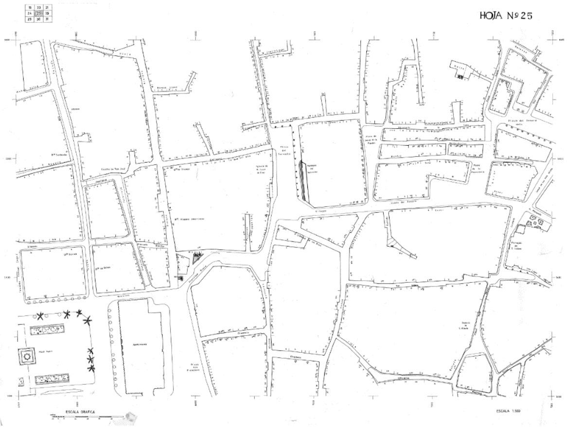 Figura 3. Callejeros del casco antiguo y Triana. Fuente: Ayuntamiento de Sevilla. Cartografía tradicional [1960-1970]. Hoja 25, escala 1:500. Soporte papel vegetal.