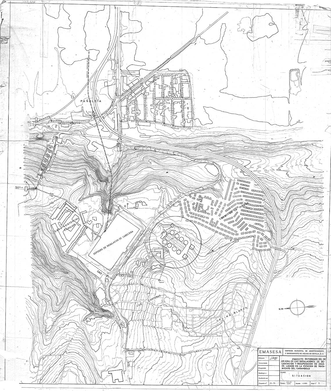 Figura 8. Proyecto 023/75. Plano de situación. Escala 1:2000. Fuente: Archivo técnico histórico de EMASESA. Figura 8. Proyecto 023/75. Plano de situación. Escala 1:2000. Fuente: Archivo técnico histórico de EMASESA.