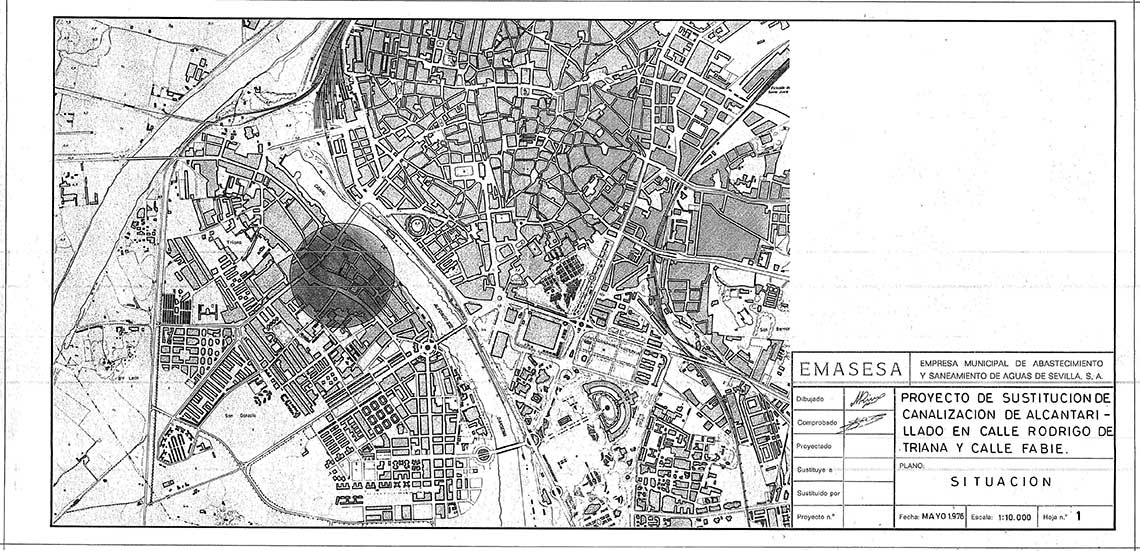 Figura 9. Proyecto 013/76. Plano de situación. Escala 1:5000. Fuente: Archivo técnico histórico de EMASESA. Figura 9. Proyecto 013/76. Plano de situación. Escala 1:5000. Fuente: Archivo técnico histórico de EMASESA.