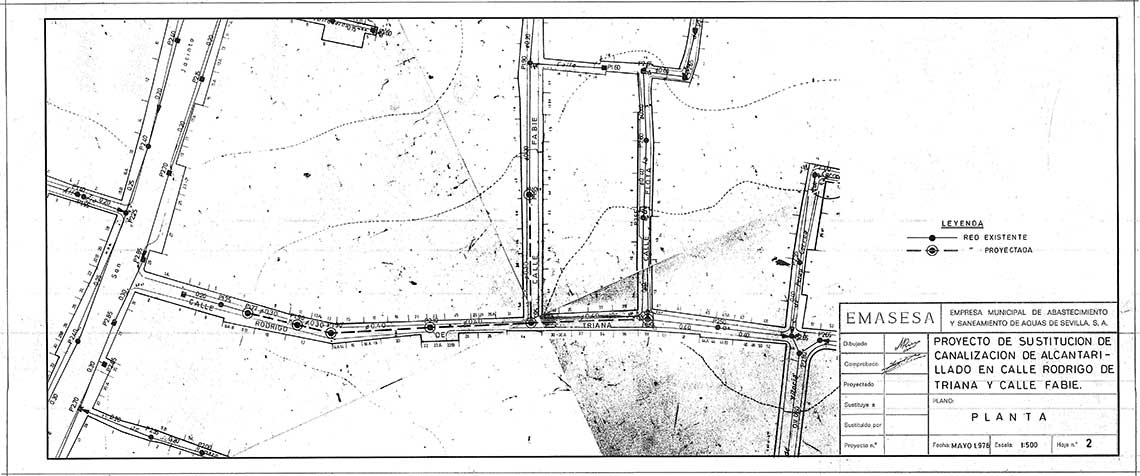 Figura 10. Proyecto 013/76. Plano de planta proyectada de saneamiento. Escala 1:500. Fuente: Archivo técnico histórico de EMASESA. Figura 10. Proyecto 013/76. Plano de planta proyectada de saneamiento. Escala 1:500. Fuente: Archivo técnico histórico de EMASESA.