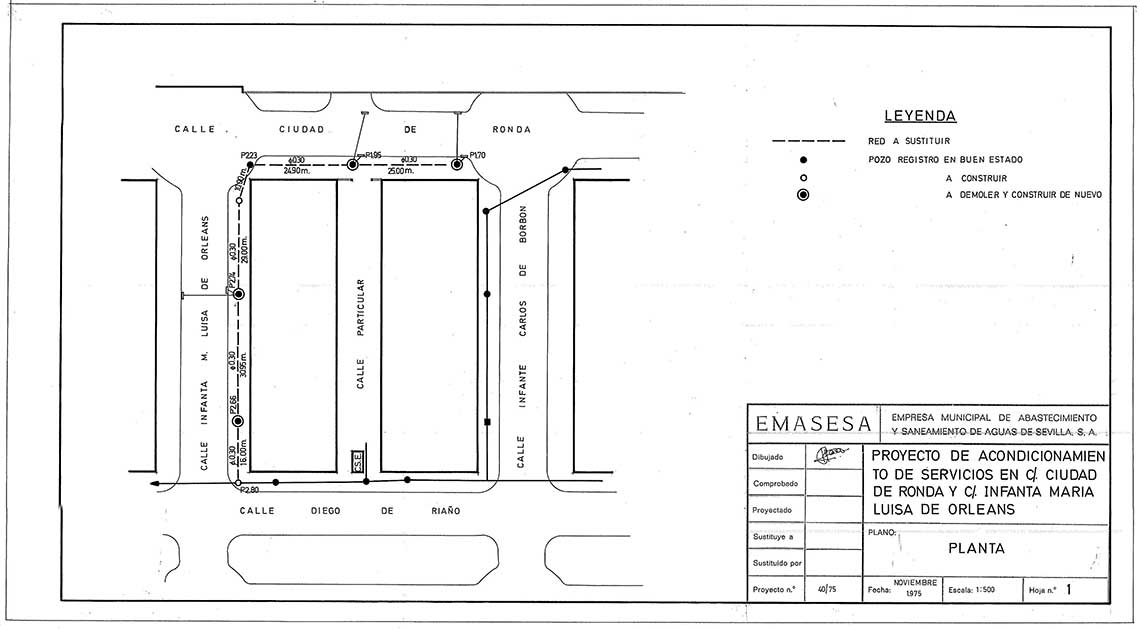 Figura 11. Proyecto 040/75. Plano de planta proyectada de saneamiento. Escala 1:500. Fuente: Archivo técnico histórico de EMASESA. Figura 11. Proyecto 040/75. Plano de planta proyectada de saneamiento. Escala 1:500. Fuente: Archivo técnico histórico de EMASESA.