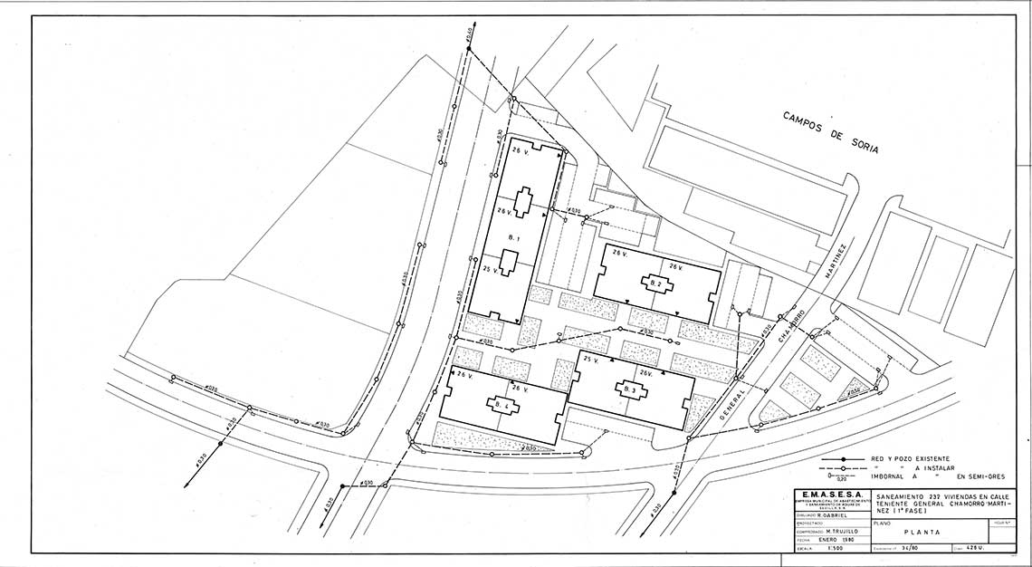 Figura 12. Nuevo desarrollo 426 [1980]. Plano de planta proyectada de saneamiento. Escala 1:500. Fuente: Archivo técnico histórico de EMASESA.