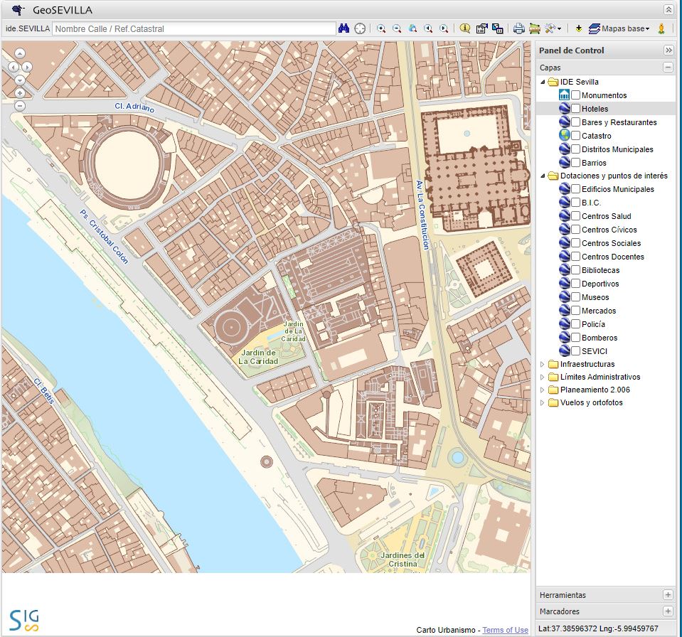 <b>Figura 18.</b> Portal web de la IDE de la Gerencia de Urbanismo de Sevilla. <u>Fuente:</u> https://sig.urbanismosevilla.org/. Figura 18. Portal web de la IDE de la Gerencia de Urbanismo de Sevilla. Fuente: https://sig.urbanismosevilla.org/.