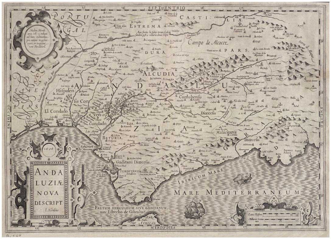 Imagen de Andaluziae nova descript, datado en el año 1606 que muestra Andalucía excepto la mitad oriental de la provincia de Almería del Instituto Geográfico Nacional (Madrid). IECA1988000173.