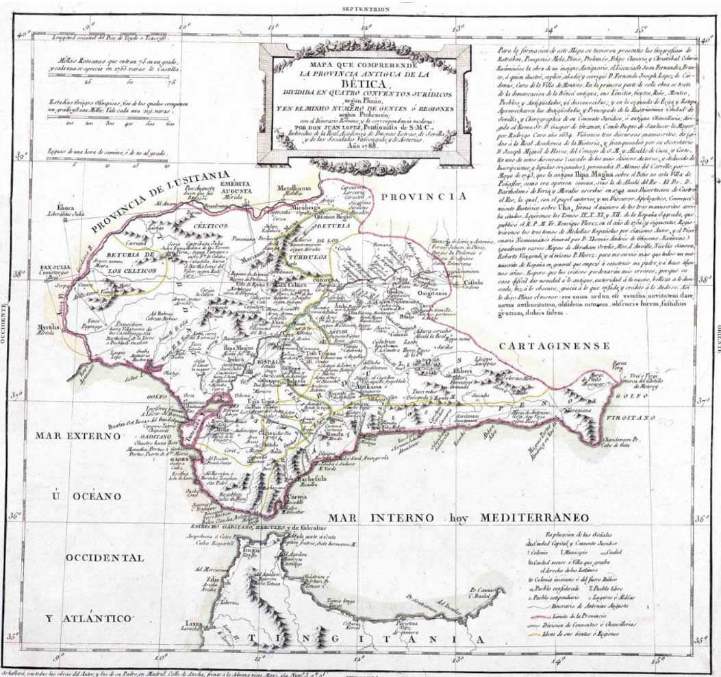 Imagen de Andalucía. Parcial, datado en el año 1788 que muestra la provincia antigua de la Bética, dividida en quatro conventos jurídicos segun Plinio, y en el mismo número de Gentes ó Regiones segun Ptoleméo; con el Itinerario Romano y la correspondencia moderna del Museo Marítimo Torre del Oro (Sevilla). IECA1988000192.