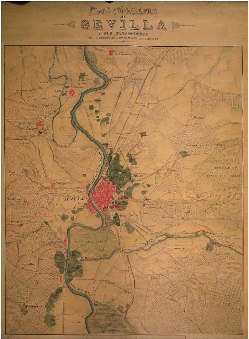 Imagen del Plano topográfico de Sevilla y sus alrededores, datado en el año 1890 que muestra la vista de Sevilla desde Triana del Centro Geográfico del Ejército. IECA1988000540.