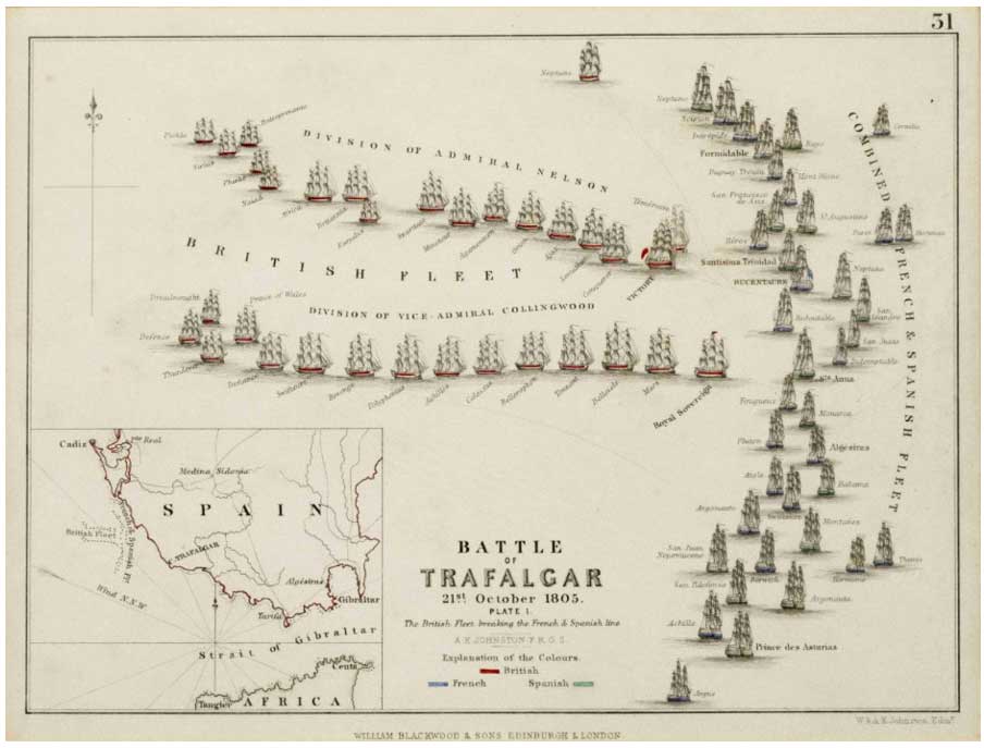 Imagen del mapa Battle of Trafalgar 21st. October 1805, datado en el año 1848, de la Colección Antonio Viñas de Roa.