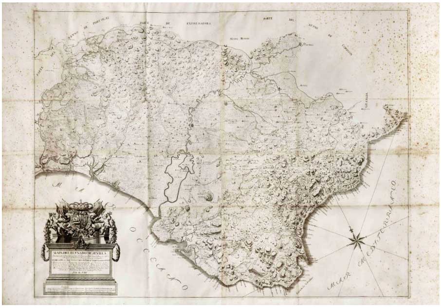 Imagen del Mapa de l Reynado de Sevilla, datado en el año 1748, de la Colección Antonio Viñas de Roa.