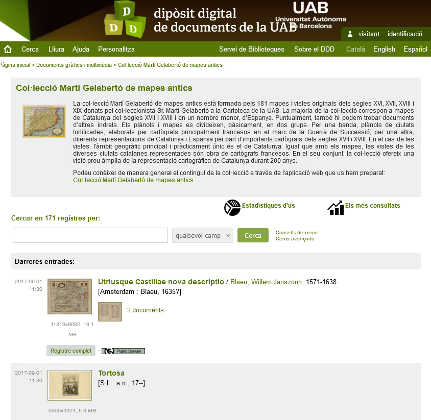 Figura 1. Colección Gelabertó en el Depósito Digital de Documentos de la UAB. Fuente: Depósito Digital de Documentos de la Universitat Autònoma de Barcelona.