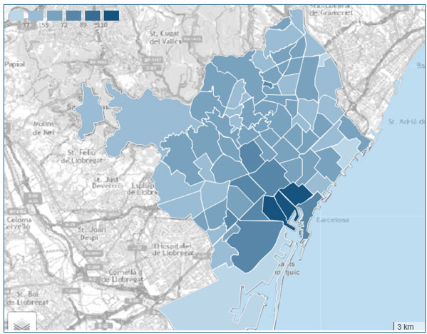 Edat mitjana (anys) dels habitatges cadastrals per barris Edat mitjana (anys) dels habitatges cadastrals per barris