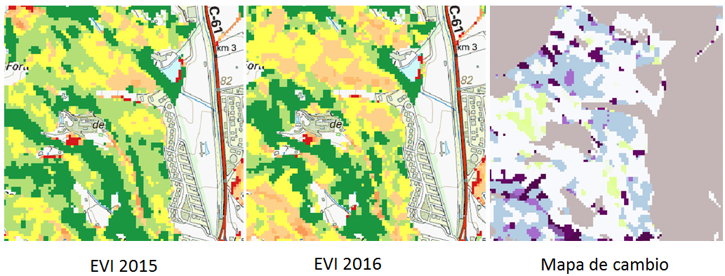 Figura 3. Exemple de càlcul de l’EVI per l’any 2015 i 2016 sobre el mapa topogràfic i imatge de canvis associada.