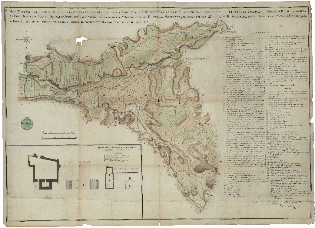 Figura 2. Mapa del terrazgo de Martín González, en la ribera del río Nágima, y planimetría del castillo del mismo nombre con la ermita de Ntra. Sra. de la Torre, en la linde de los reinos de Aragón y Castilla (1790). Fuente: ADM, plano nº 425 Figura 2. Mapa del terrazgo de Martín González, en la ribera del río Nágima, y planimetría del castillo del mismo nombre con la ermita de Ntra. Sra. de la Torre, en la linde de los reinos de Aragón y Castilla (1790). Fuente: ADM, plano nº 425