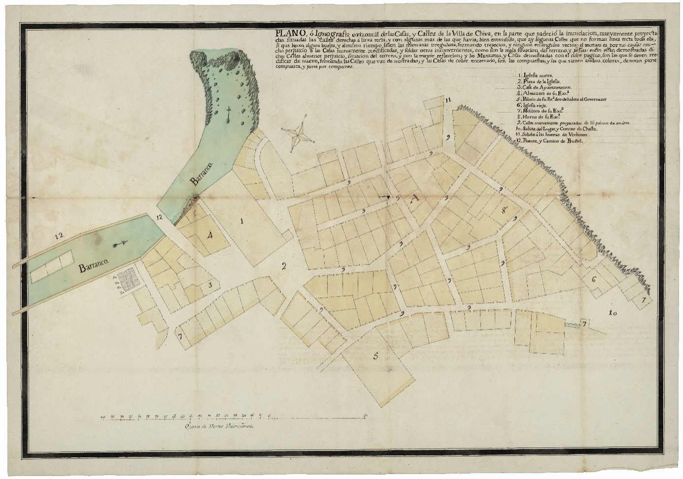 Figura 5. Plano o ignografía horizontal de las casas y calles de la villa de Chiva (Valencia). c. 1777. Fuente: ADM, plano nº 124 Figura 5. Plano o ignografía horizontal de las casas y calles de la villa de Chiva (Valencia). c. 1777. Fuente: ADM, plano nº 124