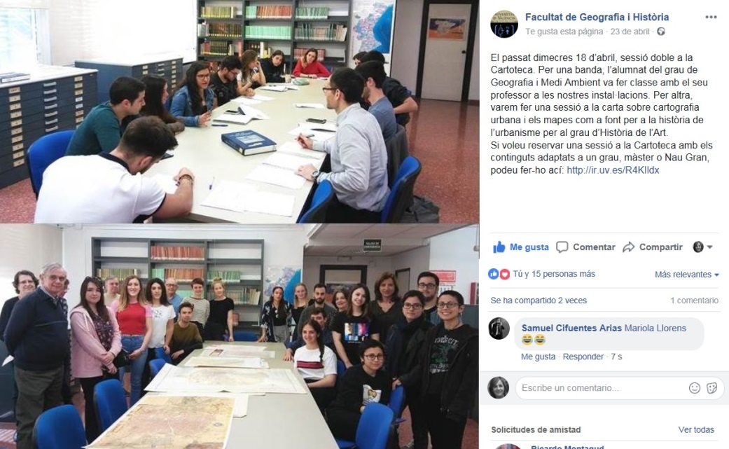 Figura 5. Sesiones de formación. Fuente: Universitat de València. Facultad de Geografía e Historia.Facebook. Publicado el 23 de abril de 2017. Figura 5. Sesiones de formación. Fuente: Universitat de València. Facultad de Geografía e Historia.Facebook. Publicado el 23 de abril de 2017.