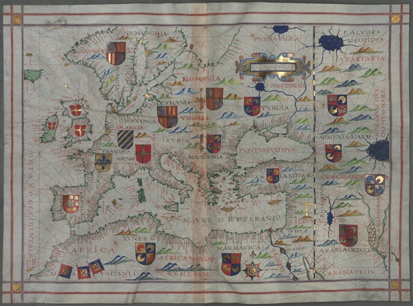 Fig. 2. Map of Europe in Dourado's atlas (Goa, 1580) preserved in the Bavarian State Library, Munich, Cod.icon.137 (urn:nbn:de:bvb:12-bsb00003364-8).