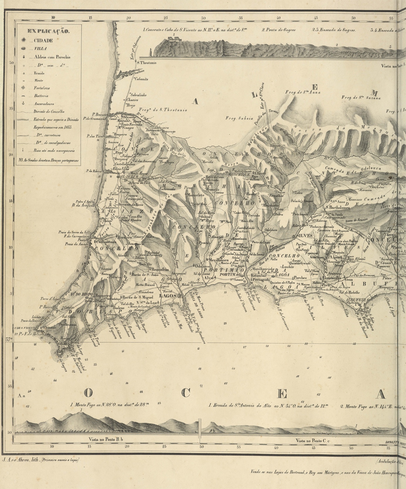 Fig. 6. »Carta Corografica do Reino do Algarve, que faz parte da corografia do mesmo reino. Publicada por J. B. da Silva Lopes«, printed in Lisbon in 1842 at the "Off[icina] Lith[ográfica] de M[anu]el Luiz da Costa" (University Library of Munich, Nachlass Friedrich Kunstmann C 7.2).